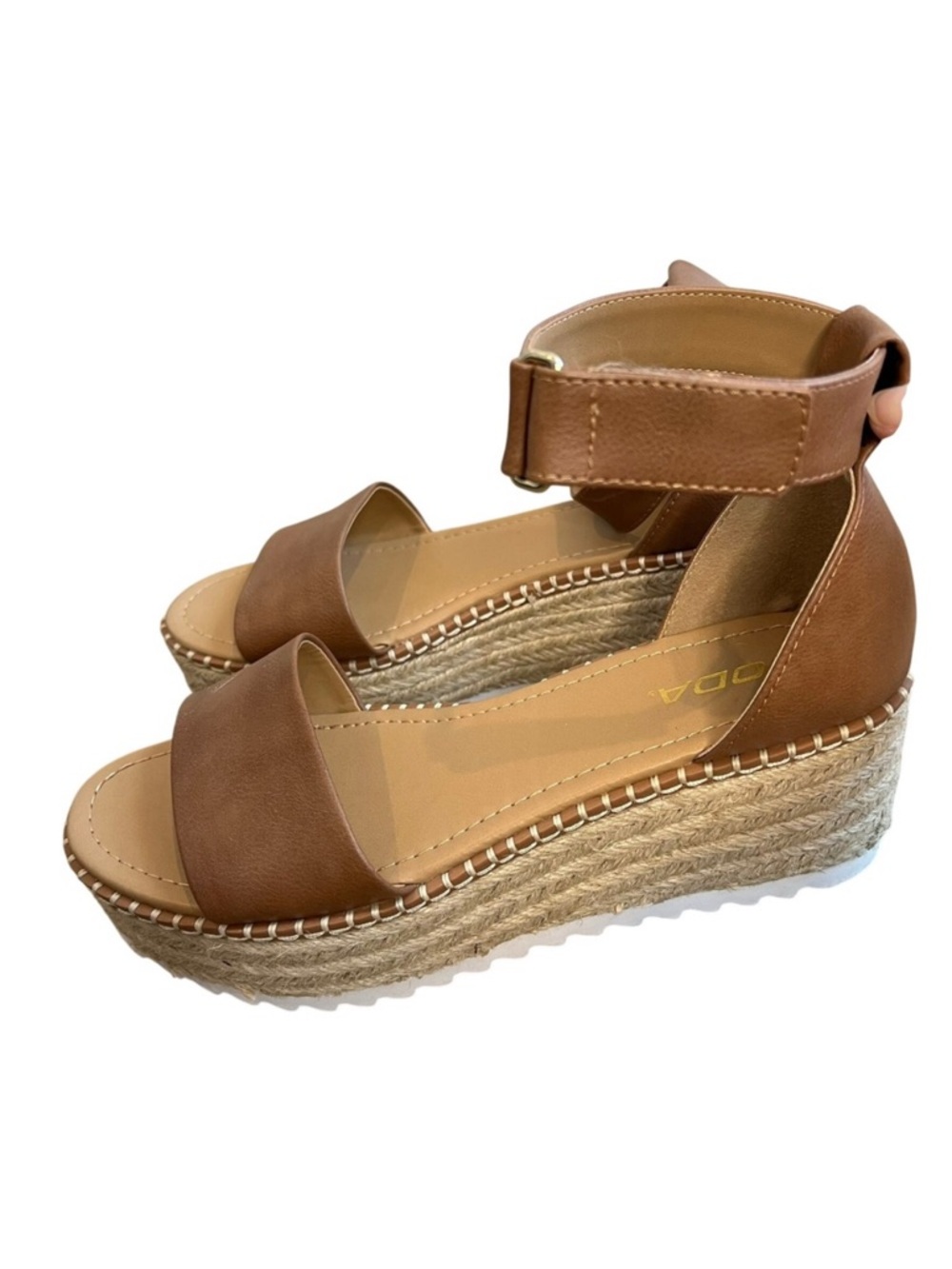 Soda Platform Wedge Sandals Cognac Brown Espadrille Ankle Strap Size 9